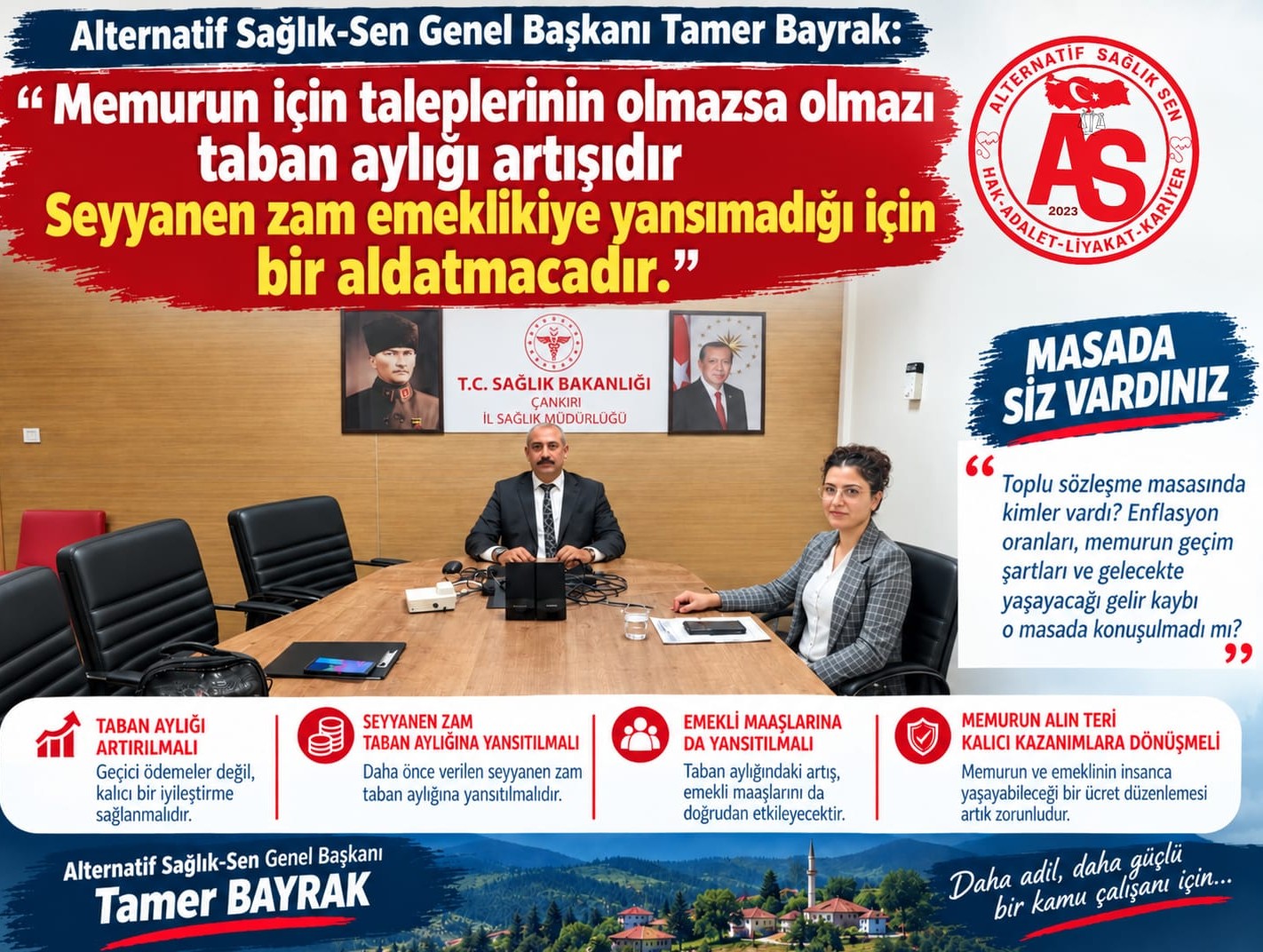 Alternatif Sağlık-Sen Genel Başkanı Tamer Bayrak: “Memurun için taleplerinin olmazsa olmazı taban aylığı artışıdır.  Seyyanen zam emekliliğe yansımadığı için bir aldatmacadır.”