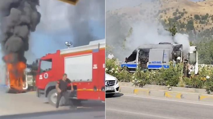 Alev alan hasta nakil aracında can pazarı! Şoförün dikkati hayat kurtardı