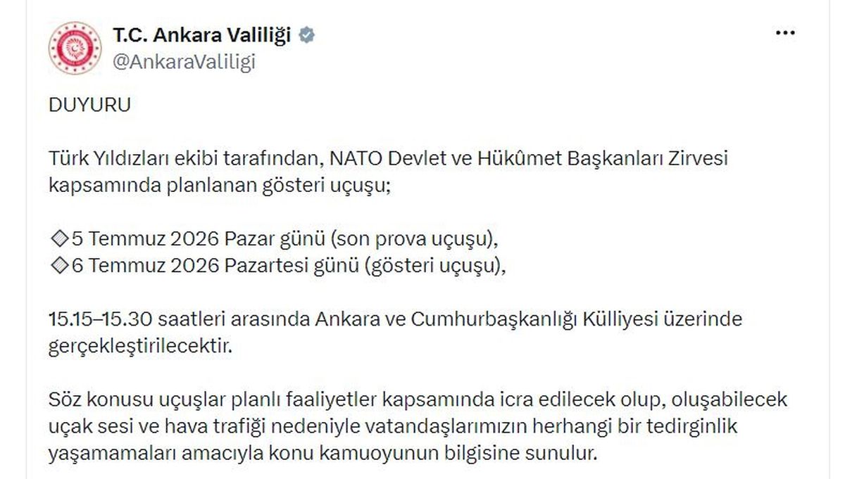 Ankara'da jet sesleri duyulacak! Valilikten vatandaşlara uyarı